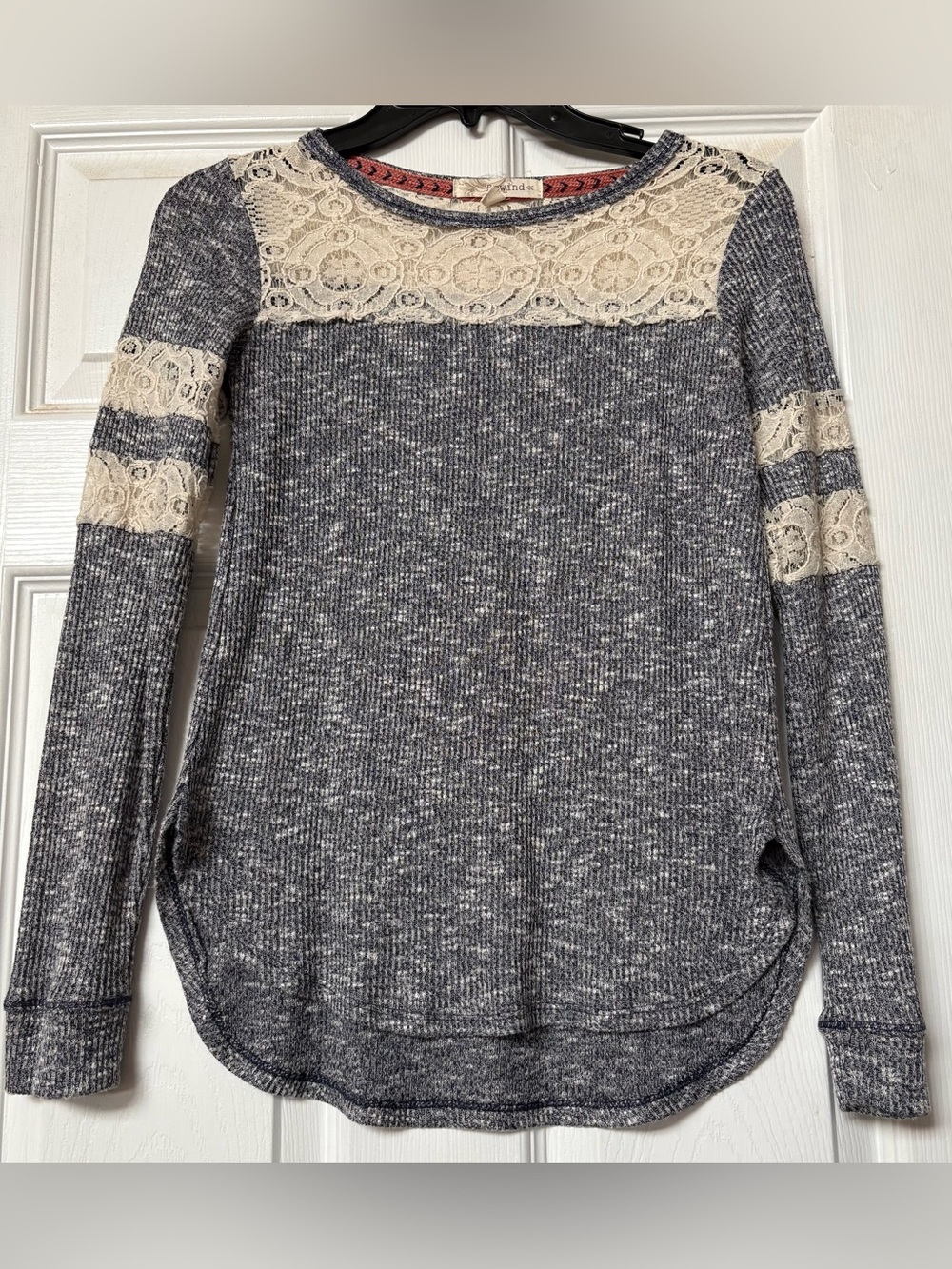 Women's Gray Knit Top with Cream Lace Detail - Boutique. Size: Small